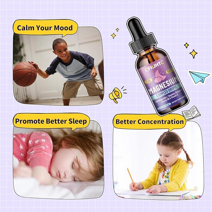 Kids Magnesium Liquid Drops-Magnesium Glycinate Liquid for Kids Supplement-w/L-theanine, Omega-3, Vitamin B6, D3 - for Sleep, Relaxation, Brain, Bones - 2 Fl Oz Children's Calm, Strawberry Flavor