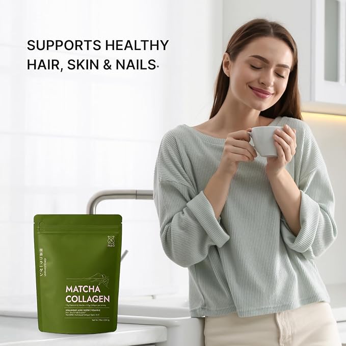 FKRO Matcha Collagen Powder w Biotin, Hyaluronic Acid & Vitamin C - Healthy Hair, Skin & Nails - Natural Type I & III Hydrolyzed Collagen Powder, Unsweetened Matcha Latte - 22 Servings, 7.9oz