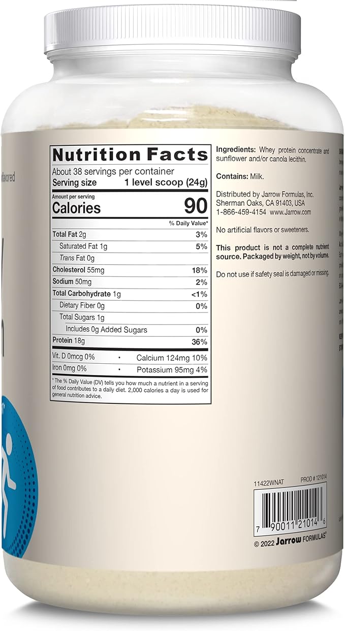 Jarrow Formulas Whey Protein with 18 g of Protein, 3.8 g of BCAAs, and Glutamine, Dietary Supplement for Muscle Function and Recovery Support, 32 oz Unflavored Powder, Approximately 38 Day Supply