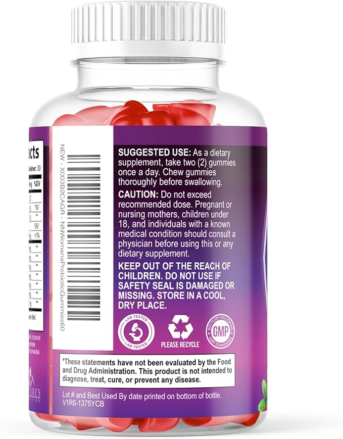 Nature's Nutrition Probiotics for Women Gummies with Cranberry - 6 Premium Strains for PH Balance, Digestive Health, Vaginal & Immune Support, Women's Probiotic Gummy for Feminine Health - 60 Gummies