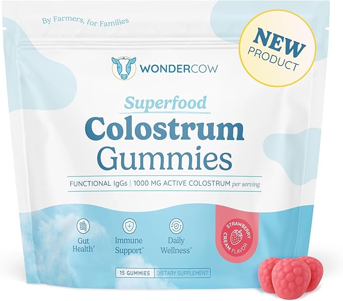 WONDERCOW Colostrum Gummies for Gut Health, Immune Support & Wellness | Natural IgG Whole Bovine Colostrum Supplement, 1,000mg per Serving (15 Gummies (5 Servings), Strawberry Cream)