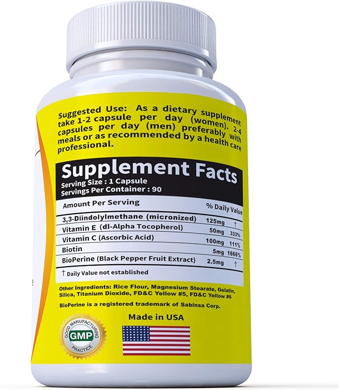 DIM Supplement 125mg - DIM Diindolylmethane Plus BioPerine 90-Day Supply of DIM for Estrogen Balance, Hormone Menopause Balance, Acne Support, Hair Skin and Nails