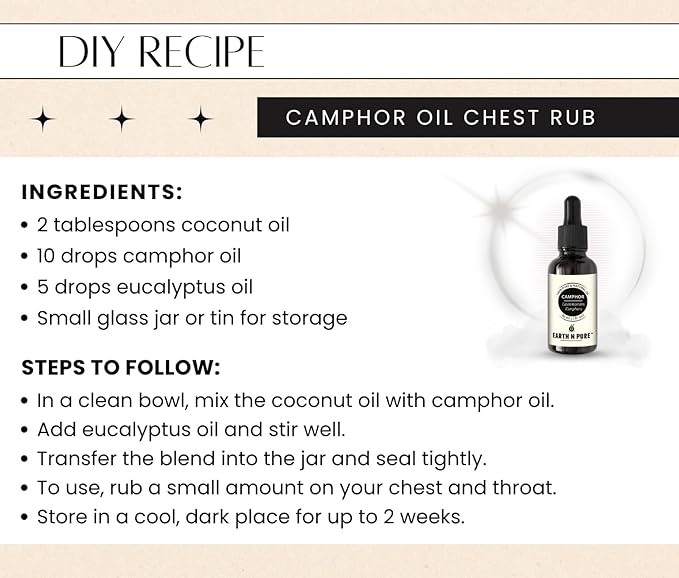 Earth N Pure Camphor Oil | Kapoor Oil | 100% Pure & Natural, Therapeutic Grade | Undiluted Essential Oil for Skincare, Hair Care, Aroma & Massage - 50 ML