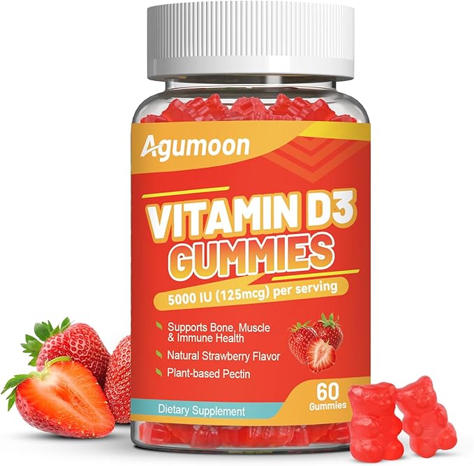 Vitamin D3 5000 IU 125mcg Gummies - Vitamin D Gummies for Adults, Support Immune, Bone, Muscle Health - Non-GMO, Gluten-Free, Dairy-Free, No Gelatin, 60 Count, Strawberry Flavor