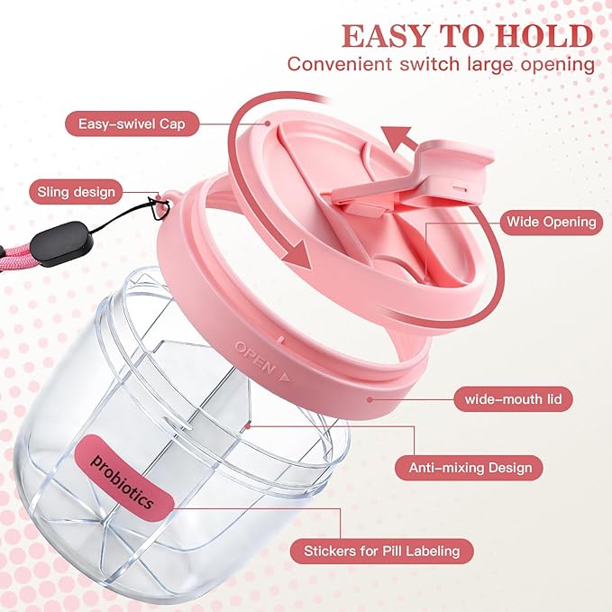 Pill Organizer,Travel Essentials Pill Container, Travel Pill Dispenser with Pink Lid，Pill Case Having 7 Large Compartments,Vitamin Organizer for Home Organization,Travel Containers