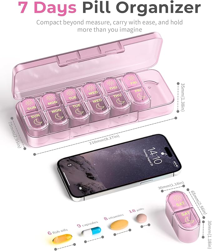 Pillex Pill Organizer 2 Times a Day, AM PM Pill Organizer 7 Day, Weekly Pill Box 2 Twice a Day, Travel Pill Case 7 Days, Medicine Organizer for Medication, Vitamins, Fish Oils, Supplements