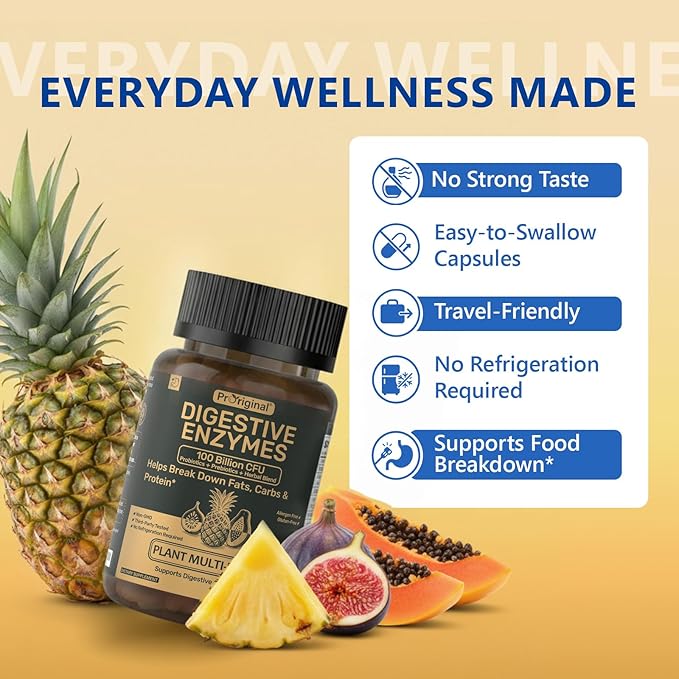 Digestive Enzymes Supplement with 100 Billion CFU Organic Probiotic & Prebiotic - Multi-Enzyme Formula for Women & Men - Supports Digestive & Gut Health, Aids Protein, Carb & Dairy Digestion, 120 Caps