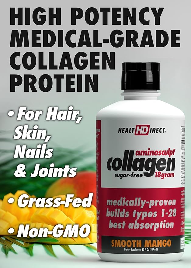 HEALTH DIRECT AminoSculpt Sugar-Free Collagen Supplement - High Potency Medical-Grade Protein for Hair, Skin, Nails & Joints, Grass-Fed, Non-GMO, Liquid Collagen - Smooth Mango - 30 Fl Oz