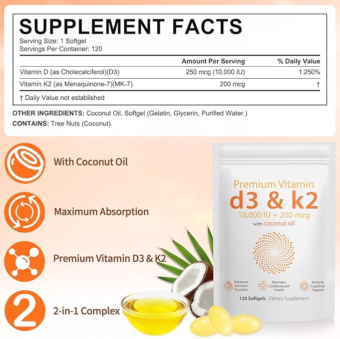 D3 K2 Vitamin 10000 IU - 240 Virgin Coconut Oil Softgels, 2 in 1 Vitamin D & K Complex Supplement Softgel - Immune Support and Calcium Absorption, Bone and Heart Health (240 Count (Pack of 2))