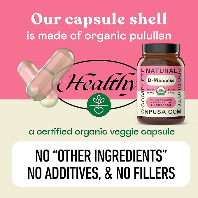 D Mannose 520mg Capsules - Organic D Mannose Supplement for UTI Support, Urinary Tract Bladder Health Pills, Plant Based Formula, Vegan Non GMO, No Fillers, 100 Capsule Count Made USA Certified Kosher