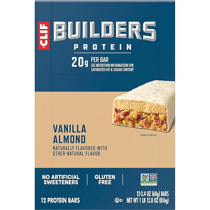 CLIF BUILDERS Protein Bars - Vanilla Almond Flavor - 20g Plant Based Protein - Gluten Free - Non-GMO - Low Glycemic - No Artificial Sweeteners - 2.4 oz. (12 Pack)