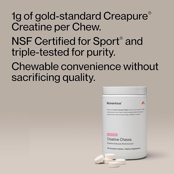 Momentous Creatine Chews - Creatine Monohydrate - Supports Strength, Lean Muscle, & Recovery for Men & Women - NSF Certified for Sport - 150 Chewable Tablets - Strawberry