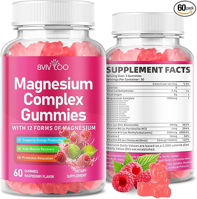 Magnesium Complex Gummies – with 12 Forms of Magnesium Plus Vitamins B6, B12 & C. Vegan Strawberry Gummies to Support Mood, for Adults, 60 Count