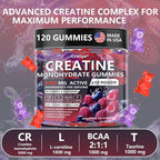 Creatine Monohydrate Gummies Complex 8000 MG for Men Women, Creatine Gummy with Taurine BCAA for Energy Support and Muscle Strength, Sugar Free Pre-Workout Supplement