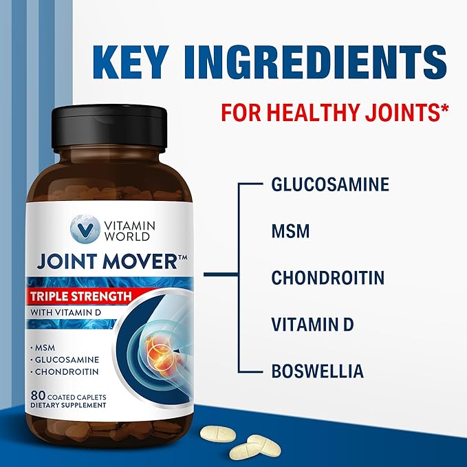 Vitamin World Triple Strength Joint Mover with Vitamin D Glucosamine Chondroitin MSM 80 Caplets, Promotes Healthy Joints, Promotes Comfort and Flexibility, Coated, Gluten Free
