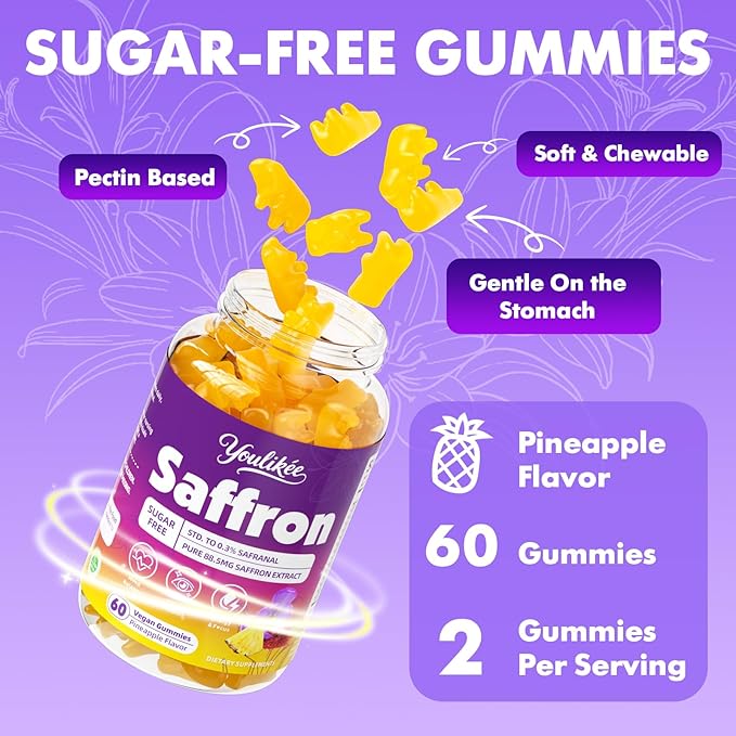 Saffron Gummies 88.5mg - Saffron Supplements with Magnesium, Rhodiola Rosea, Ashwagandha, L-Theanine, Vitamins D3 & B6, Zinc - Supports Antioxidant Function, Pineapple Flavor, 60 Count