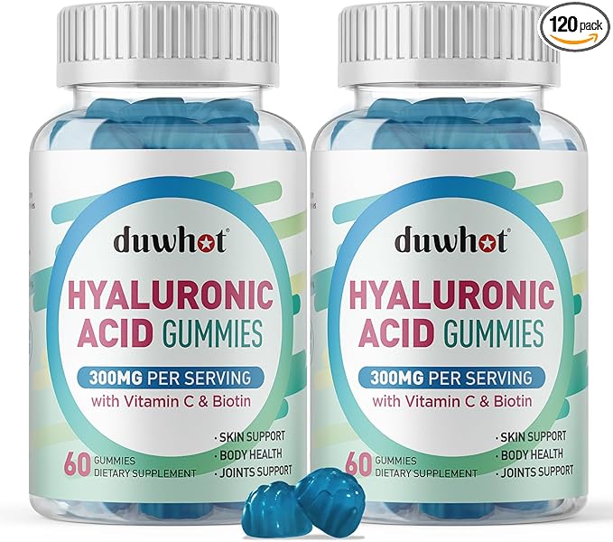 Hyaluronic Acid Gummies, Hyaluronic Acid Supplements with Vitamin C & Biotin 5000mcg for Skin, Hair, Nails Health, Joints Supplements for Women & Men, Low Sugar, Vegan, Non-GMO, 60 Counts