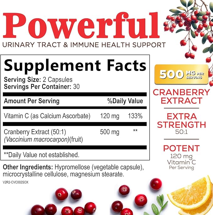 Cranberry Extract 500mg Per Serving - Cranberry Powder Supplement with Vitamins C - Urinary Tract Health Support, Cran Berry Fruit, Sugar Free Formula, Bottled in USA - 60 Capsules
