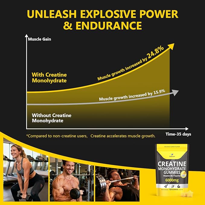 Creatine Gummies Sugar-Free with 6000 mg Creatine Monohydrate, Creatine for Women and Men Contains Vitamin B6 & Taurine, 120 Gummies