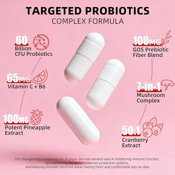 Vaginal Probiotics for Women, 60 Billion CFU with Akkermansia Probiotics and Prebiotics Supplement for Vaginigal Health, pH Balance, Moisture, Odor Control, Non-GMO, Third-Party Tested