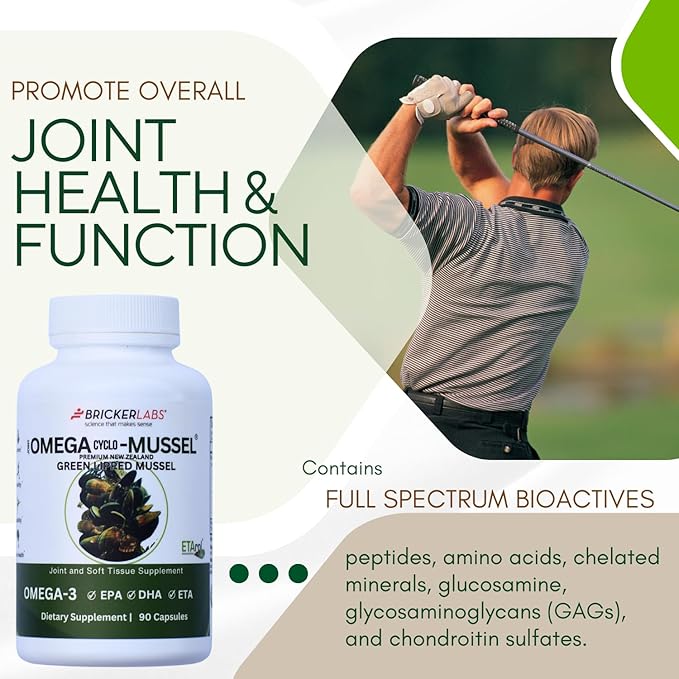Bricker Labs Omega Cyclo - Mussel Joint Health Supplement, Premium New Zealand Green Lipped Mussel, Full Spectrum Omega Joint Supplements for Joint Health and Comfort, 90 Capsules