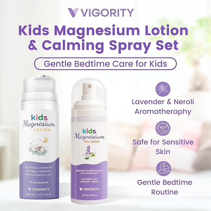 Kids Magnesium Lotion & Magnesium Sleep Spray Set - Calming Lavender Magnesium Oil Spray for Kids Bedtime + Soothing Body Lotion for Nighttime Legs & Feet Comfort, Aromatherapy Lavender & Neroli