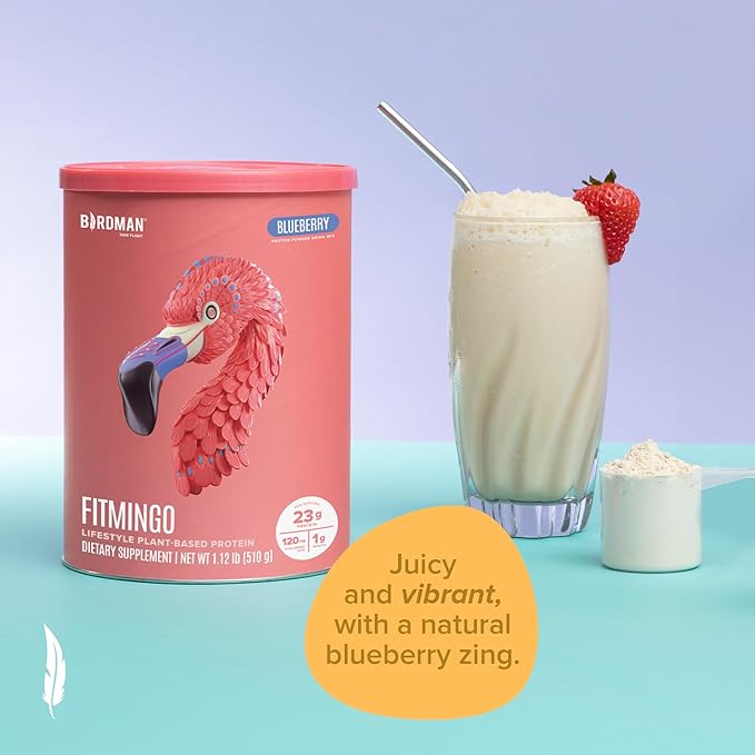 BIRDMAN Fitmingo Vegan Protein Powder with Inositol, Collagen Boosters, Hyaluronic Acid and Vitamins | Low Carb, Dairy Free, Low Calorie | 23g Plant Based Blueberry Protein Powder with Myo-Inositol