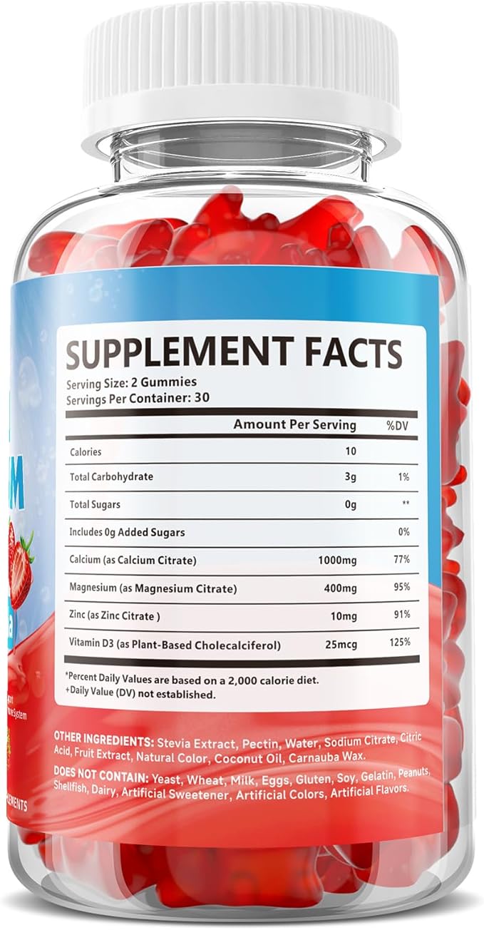 2 Pack Calcium Magnesium Zinc Gummies for Adult, Calcium Citrate with Vitamin D3, High Absorption Calcium Magnesium Supplement for Women & Men, Sugar-Free, Strawberry Flavor, 120 Count