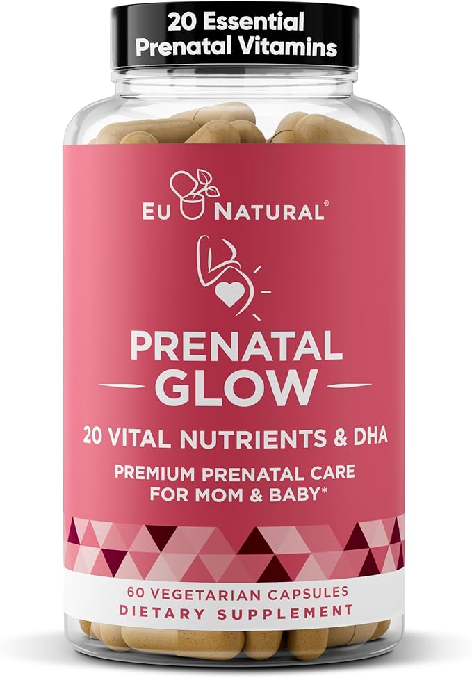 Eu Natural Glow Prenatal Vitamins for Women - 20-in-1 Prenatal Multivitamin with Folate & Vegan DHA - Supports Healthy Pregnancy, Fetal Development & Mom’s Comfort - 60 Vegetarian Capsules