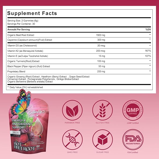 BUTTERFLY'S TEAR Beet Root Gummies, Supports Heart & Blood Vessel Health, Nitric Oxide Booster, 14-in-1 Wellness Formula with Grape Seed, Vitamin D3, K2 & E, Hawthorn, Berberine, Sugar Free (60 Count)