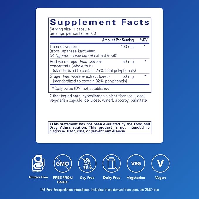 Pure Encapsulations Resveratrol EXTRA - 100 mg Trans-Resveratrol - For Healthy Cellular & Cardiovascular Function* - Antioxidants Supplement - Non-GMO & Gluten Free - 60 Capsules