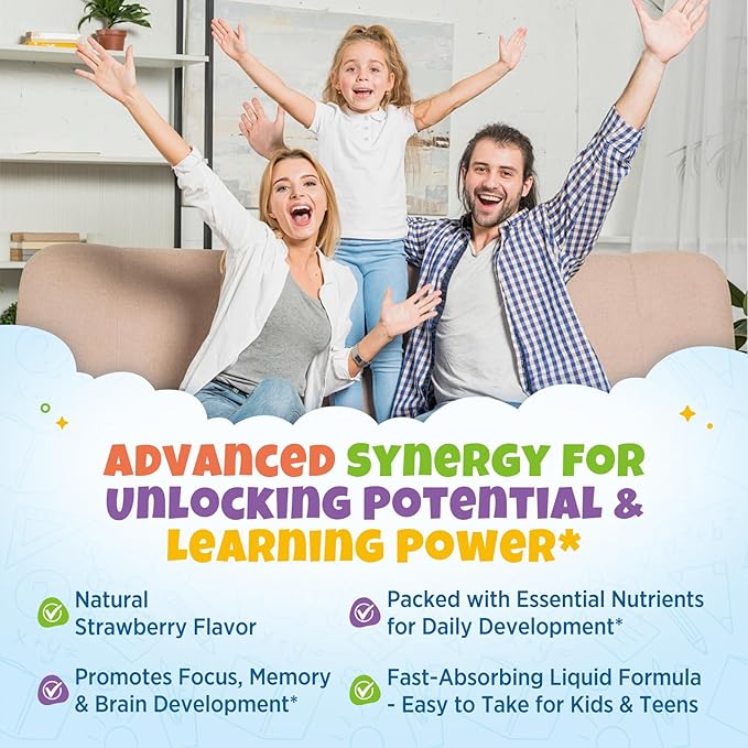 Kids Focus and Attention Supplements with Phosphatidylserine, L-Theanine, Omega-3 & Magnesium Glycinate - Kids Brain Vitamins Liquid Drops - Supports Concentration, Memory, Sleep & Mood, Strawberry