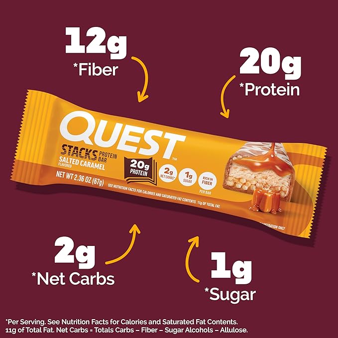 Quest Nutrition Stacks Protein Bars, Salted Caramel Flavor, 20g Protein, 2g Net Carbs, 1g Sugar, High Fiber, Low Sugar, Gluten Free, 4 Count