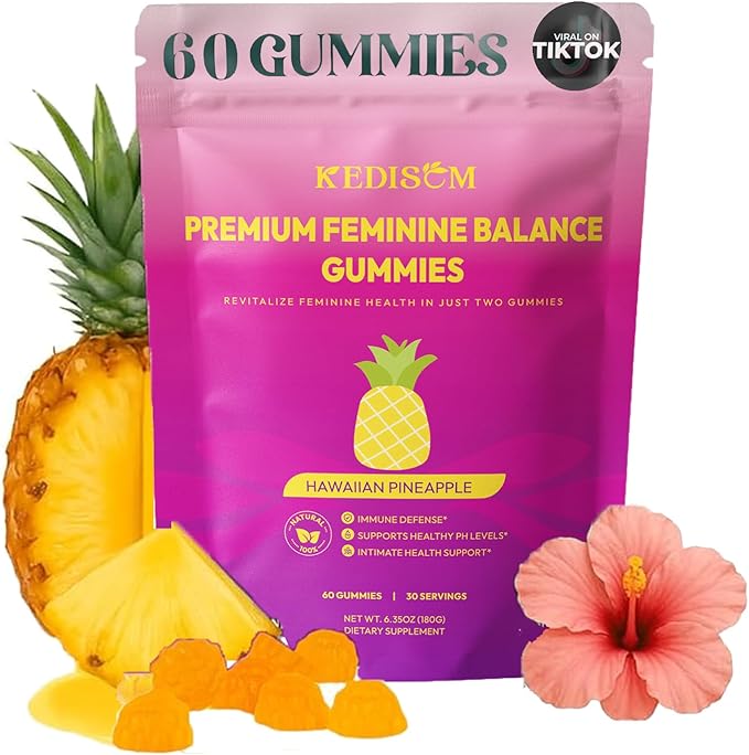 Premium Feminine Balance Gummies - for Women’s Health & Wellness - Immune Support - Vegan, Gluten-Free - Hawaiian Pineapple - 60 Gummies - 30 Servings