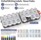 Foldable Weekly Pill Organizer 2 Times a Day with 2 Extra Compartments - Etched Label - Portable 7 Day AM PM Medicine Box, Week Daily Travel Pill Case Holder for Meds, Vitamin, Supplement, Clear Black