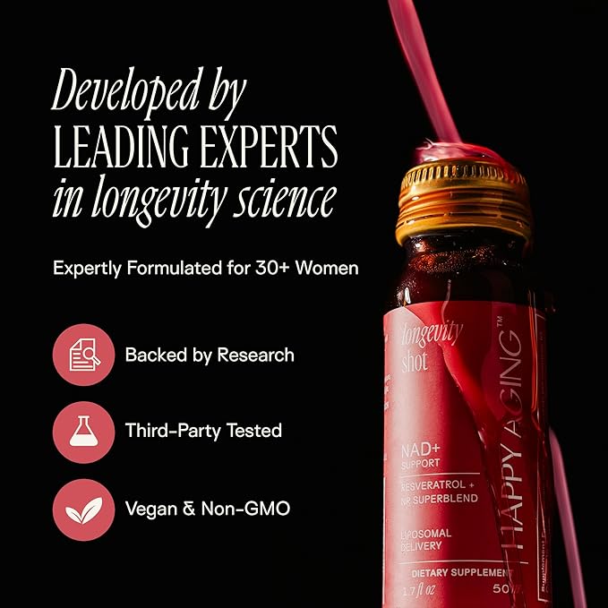 Happy Aging Liquid NAD+ Resveratrol Supplement, NMN Alternative, Liposomal Nicotinamide Riboside & Antioxidants for Energy Support, Brain Health, Firm Skin, Twice Weekly Use, 60 Shots