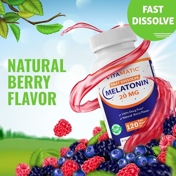 Vitamatic Melatonin 20 mg Tablets | Vegetarian, Non-GMO, Gluten Free | HIGH Potency 20 MG | Natural Berry Flavor (1/2 Tablets = Melatonin 10 mg) (120 Count (12 Pack Wholesale Buy))