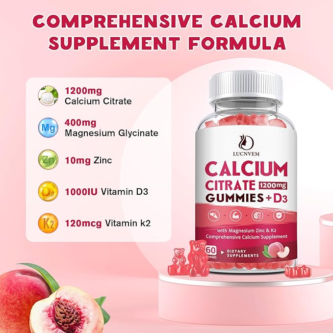 Calcium Citrate 1200mg with Vitamin D3 Gummies, Calcium Gummies with Vitamin D3 for Women & Men, Cal Magnesium Zinc for Bone Muscle Healthy- Natural White Peach Flavor- 30 Day Supply