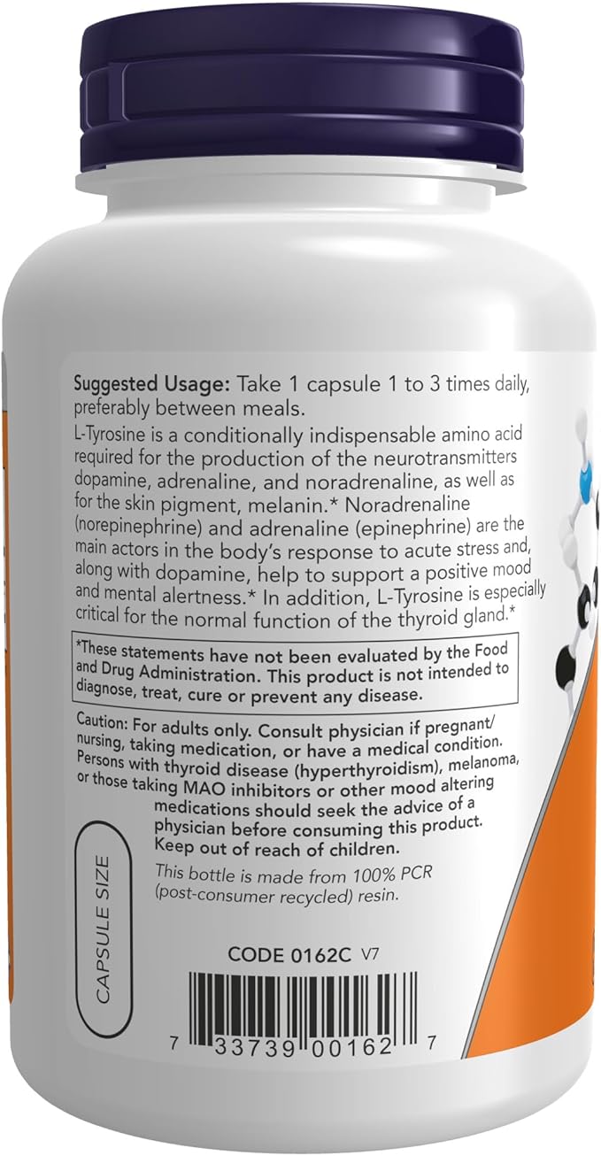NOW Supplements, L-Tyrosine 500 mg, Supports Mental Alertness*, Neurotransmitter Support*, 120 Capsules (Pack of 2)