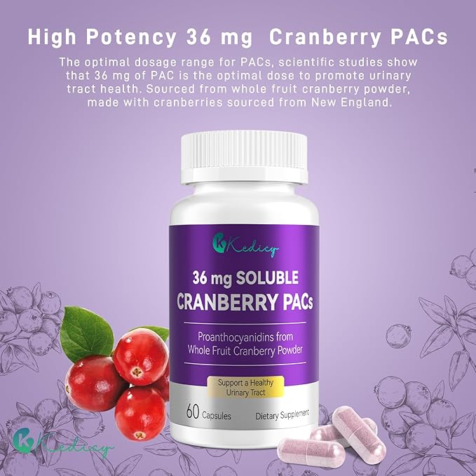 Cranberry Pills for Women with 36 mg Soluble PACs, Sourced from New England Whole Fruit Cranberries Powder, Cranberry Pills for UTI Defense & Urinary Tract Health, 60 Caps