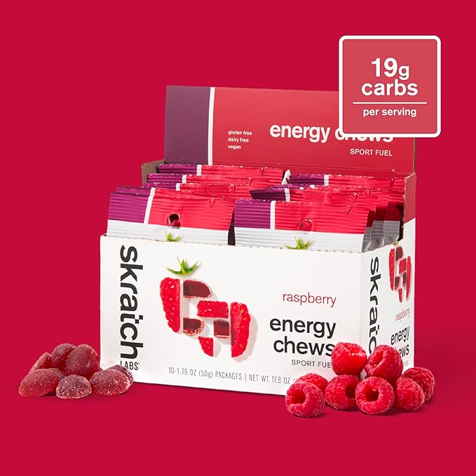 Skratch Labs Energy Chews | Gummies for Running, Cycling & Endurance Quick Carbs for Athletes, Easy to Digest, Real Fruit | Gel Alternative for Runs & Rides | Raspberry 10 Pack | Gluten Free, Vegan