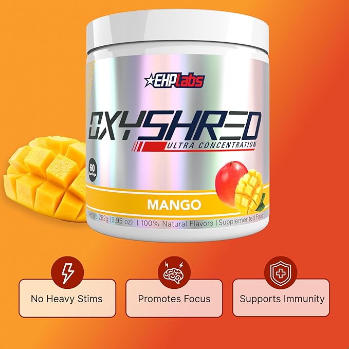 EHP Labs OxyShred Pre Workout Powder - Preworkout Powder with L Glutamine & Acetyl L Carnitine, Energy Boost Drink - Mango, 60 Servings