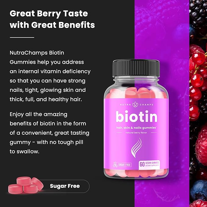 NutraChamps Sugar Free Biotin Gummies 10000mcg [High Potency] - Healthy Hair, Skin & Nails for Women, Men & Kids - 5000mcg in Each Gummy - Vegan, Non-GMO, Hair Health Vitamins Supplement - Raspberry