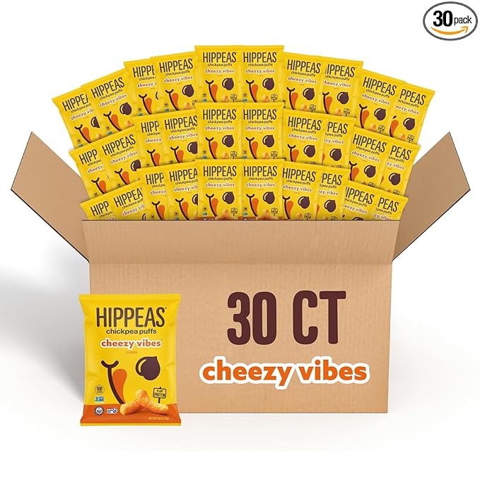 HIPPEAS Chickpea Puffs, Cheezy Vibes, Gluten Free, Dairy Free, Vegan, 0.8oz Bag, Pack of 30, 3g Protein, 2g Fiber, Crunchy Baked Plant Protein Snack, Non-GMO, Kosher.