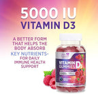 Vitamin D3 Gummies 125 mcg (5000 IU) Per Serving - 3X Strength Immune Support & Bone Support, Vitamin D Gummy Dietary Supplement, Nature's Berry D Vitamin Supplement, Raspberry Flavored - 120 Gummies