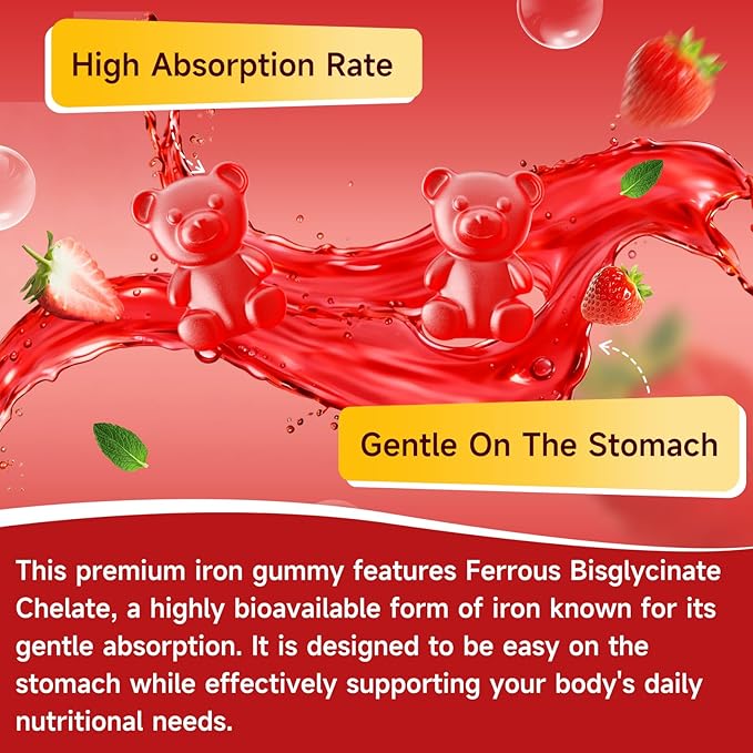 Vegan Iron Gummies for Women & Men, Iron Supplement with B-Complex, Vitamin C, A, Folate for Adults & Kids - Blood Builder & Energy Support & Immune Health - Strawberry Flavor, 120 Gummies