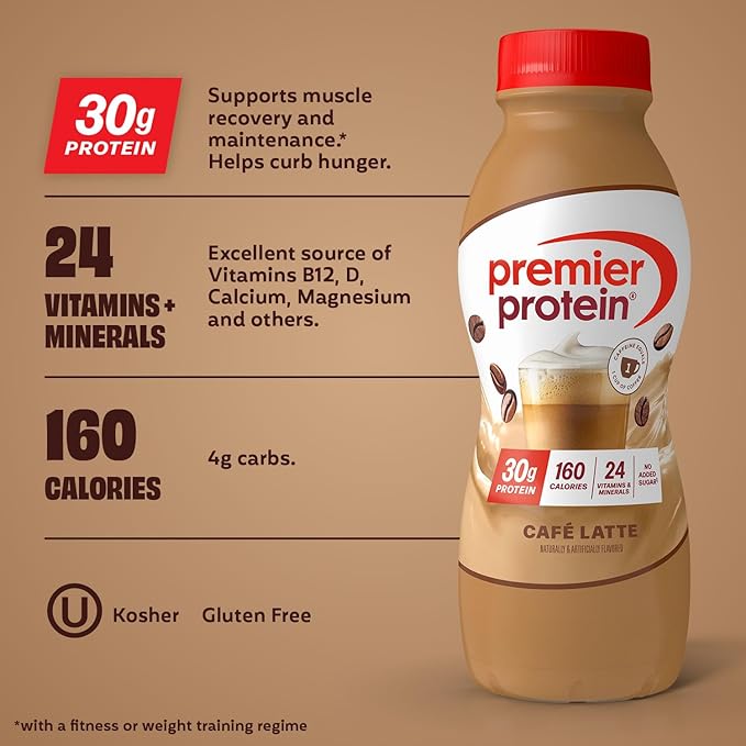 Premier Protein Shake, Café Latte with Caffeine for Energy – 30g Protein, No Added Sugar, 24 Vitamins & Minerals to Support Immune Health, 11.5 fl oz, 6 Pack (Packaging May Vary)