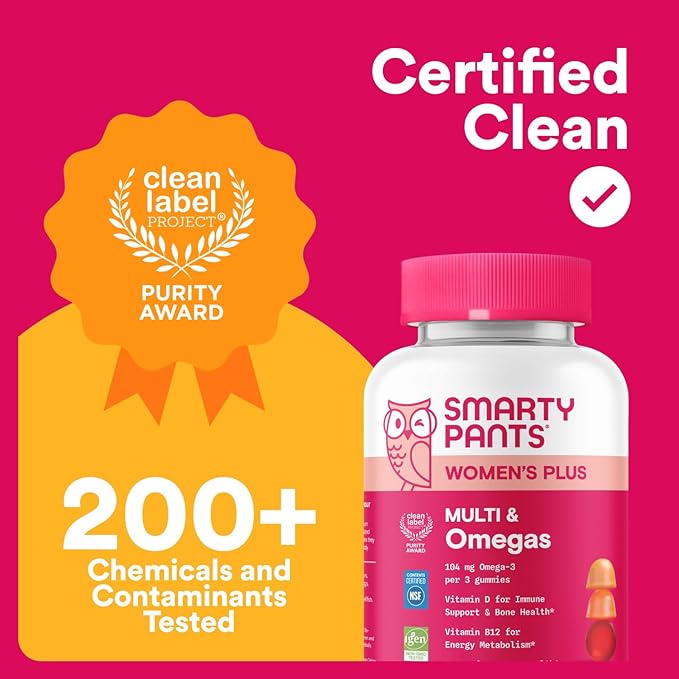 SmartyPants Women’s Multivitamin Gummies, Omega 3 DHA/EPA, Methylfolate, CoQ10, Vitamin D3, C, B12, B6, A, K, Zinc, Three Fruit Flavors, 90 Count (30 Day Supply)