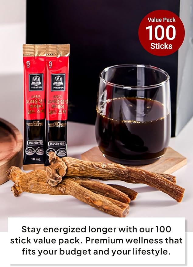 Korean Food 6-Year Korean Red Ginseng Extract Gold Stick, Traditional Ginseng Liquid Supplement, 33.8 fl oz Total (0.34 fl oz / 10 mL x 100 Sticks), Individually Wrapped, Gift Ready