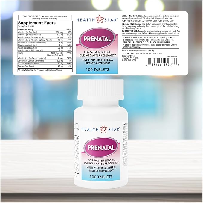 Prenatal Multivitamin by HealthStar for Healthy Mom and Baby - Folate + Vitamin C + Vitamin D + Iron + Calcium + B12 - 100 tablets